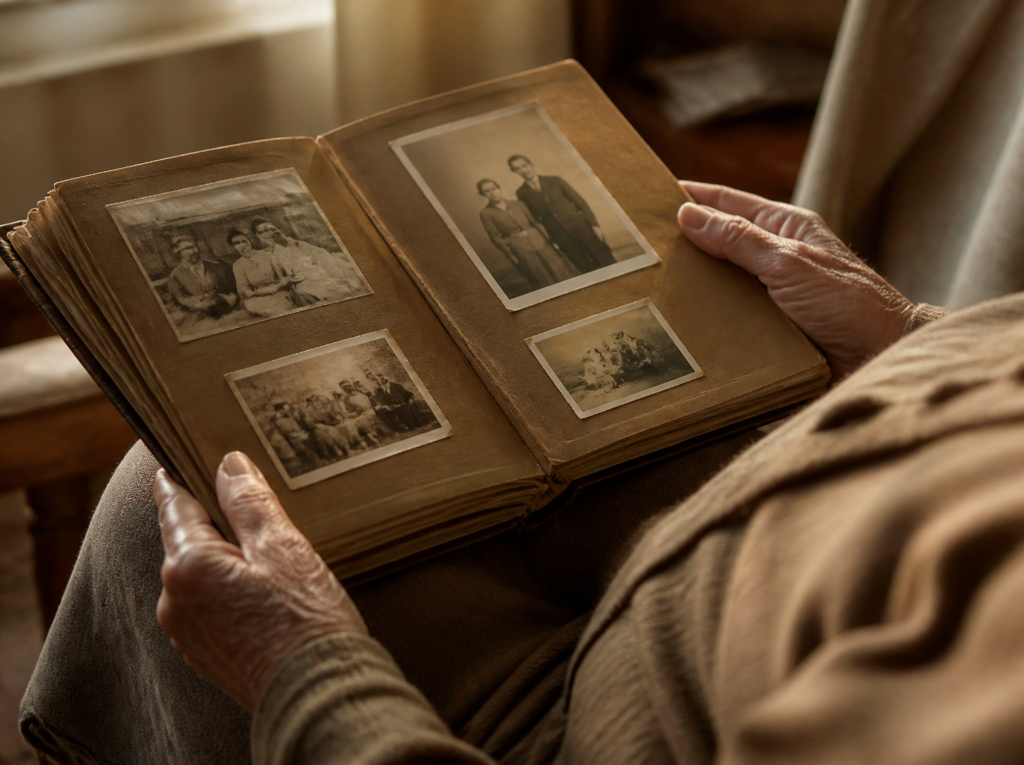 Mains âgées tenant un vieil album de photos de famille ouvert, à la lumière douce d une fenêtre