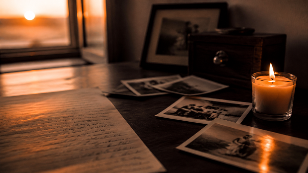 Une bougie allumée et de vieilles photographies de famille sur une table en bois sombre, à la lumière du soir