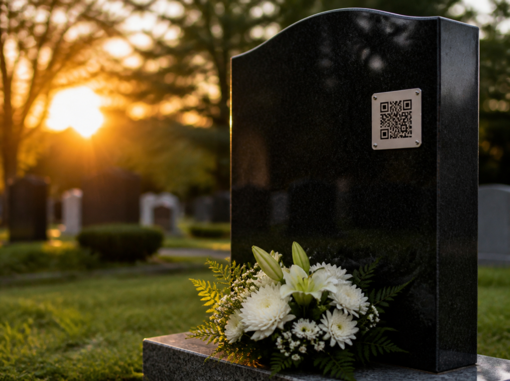 Plaque commémorative en aluminium avec code QR sur une pierre tombale noire, au coucher du soleil