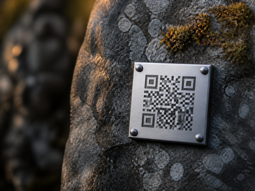 Petite plaque en aluminium brossé avec code QR fixée sur une pierre grise