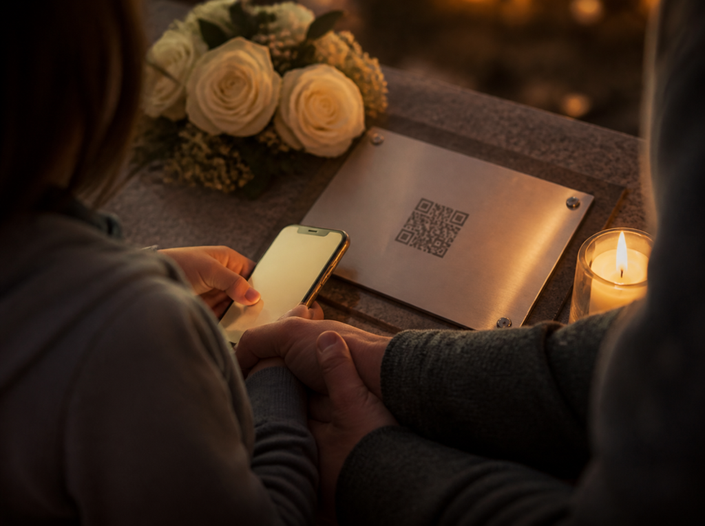 Téléphone lumineux entre des mains de famille près d une plaque commémorative, avec une bougie et des roses blanches