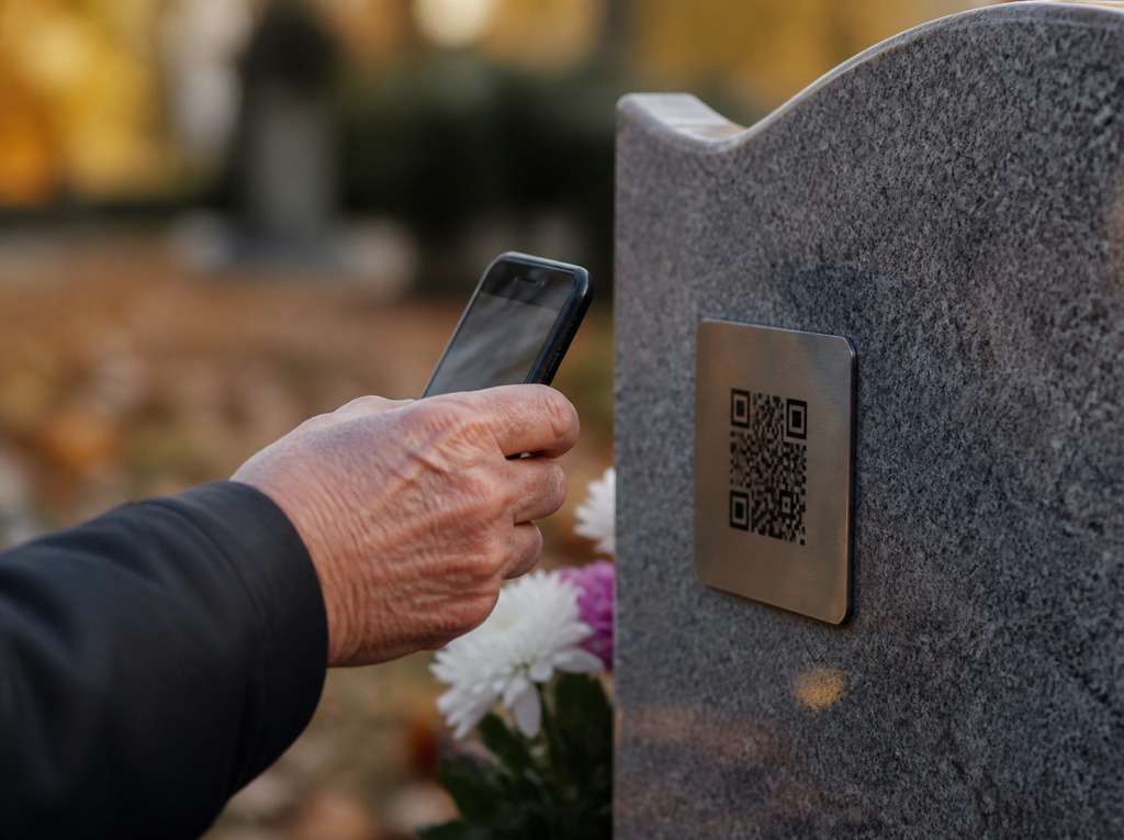 Main d une personne âgée tenant un téléphone devant le code QR d une plaque commémorative en automne